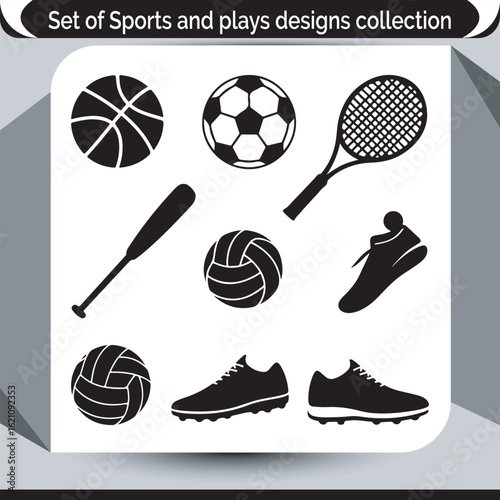 Sports and Plays Design Collection Featuring Balls, Racquet, Bat, and Shoes in Black Silhouette Style on White Background