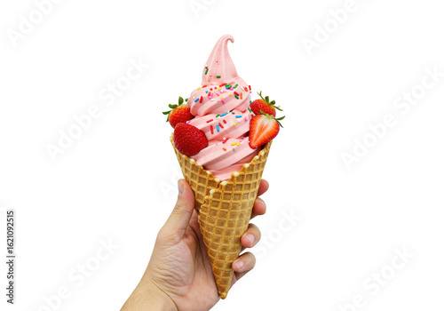 Wallpaper Mural Hand holding waffle cone with pink soft serve, strawberries, and sprinkles, close up view, isolated on transparent background Torontodigital.ca