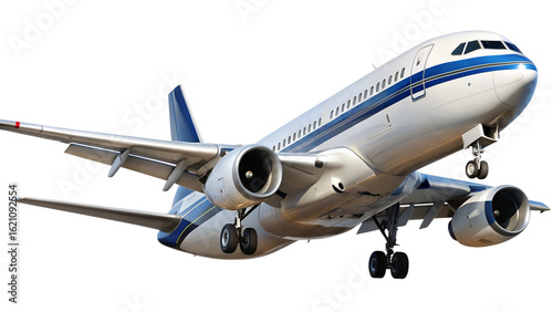 Commercial Airplane Taking Off with Blue and White Livery on transparent background