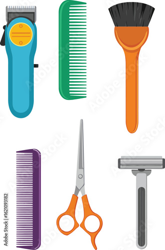 Hairdressing tools including clipper comb scissors brush and razor vector set for grooming and styling