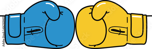 Boxing gloves pair in blue and yellow colors facing each other vector design illustration