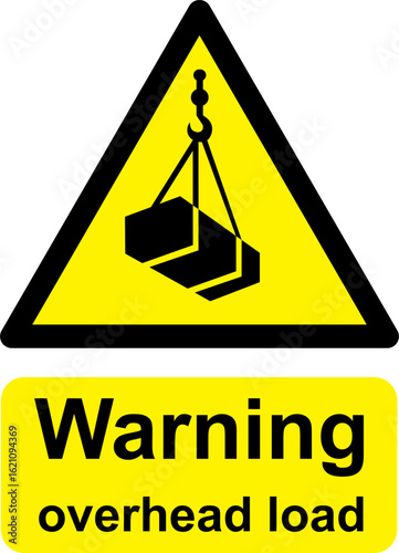 Black and yellow vector graphic of Warning Overhead Load warning sign. It consists of a symbol in a triangle above warning text.