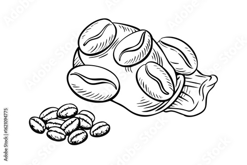 Hand drawn coffee beans spilling from a bag