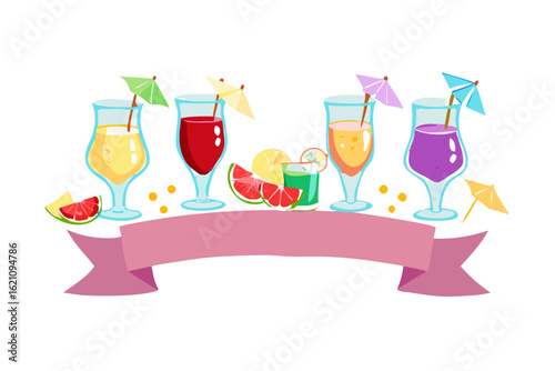 Colorful tropical cocktails with fruit and ribbon banner
