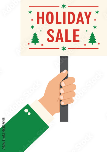 Holiday sale sign held by hand with green sleeve festive vector illustration for seasonal promotions and discounts