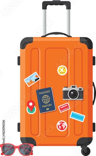 Orange travel suitcase with stickers and travel accessories for vacation and adventure trips vector illustration