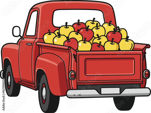 Red vintage pickup truck loaded with fresh ripe apples in back for farm harvest or market delivery vector illustration