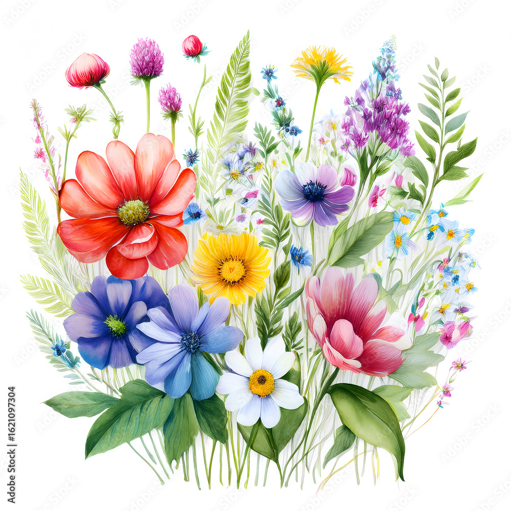 Obraz premium A charming AI-generated watercolor illustration of a vibrant bouquet of assorted wildflowers in lively hues, with delicate green leaves.