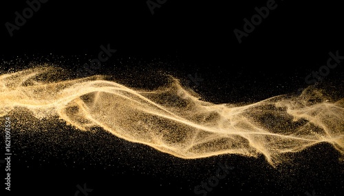 Golden Sand Stream: Ethereal Wave of Glittering Particles Against Black Backdrop
