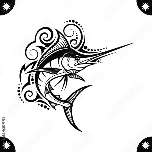 Tribal marlin tattoo design isolated on white background