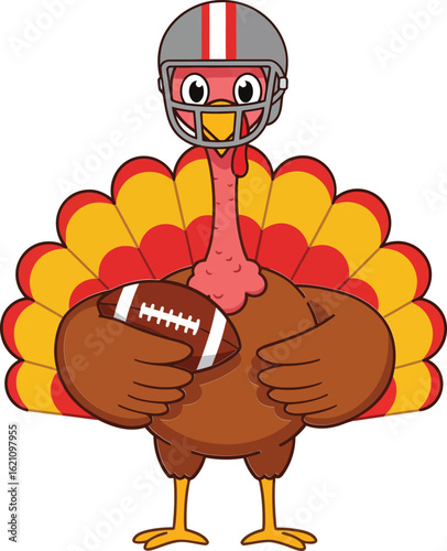 Turkey wearing football helmet holding American football ball cartoon vector illustration fun sports design