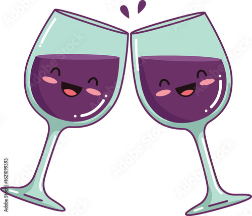Two happy wine glasses clinking together with purple wine celebration vector illustration