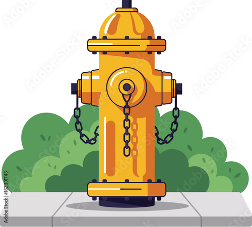 Fire hydrant vector illustration in yellow color standing on pavement in front of green bushes for safety and emergency use
