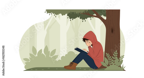 Illustration of a sad person reading a book under a tree in a forest clearing conveying emotion and solitude