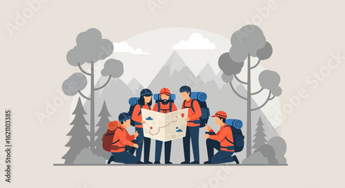 Group Of Friends Exploring A Hiking Trail In The Mountain Wilderness