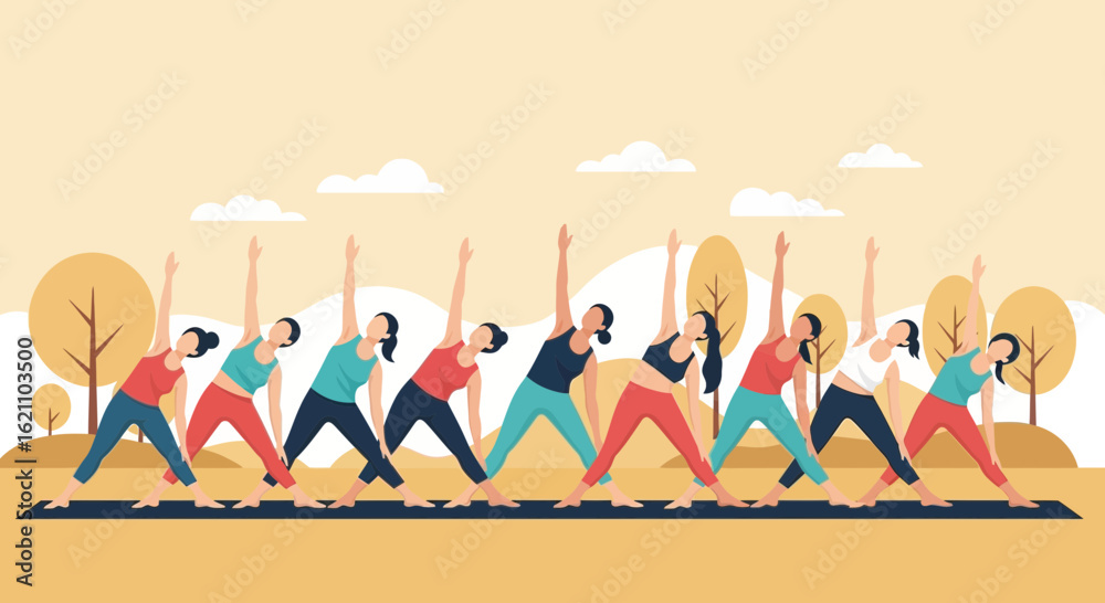 Obraz premium Group Yoga Session In Nature Park Triangle Pose Well Being Lifestyle