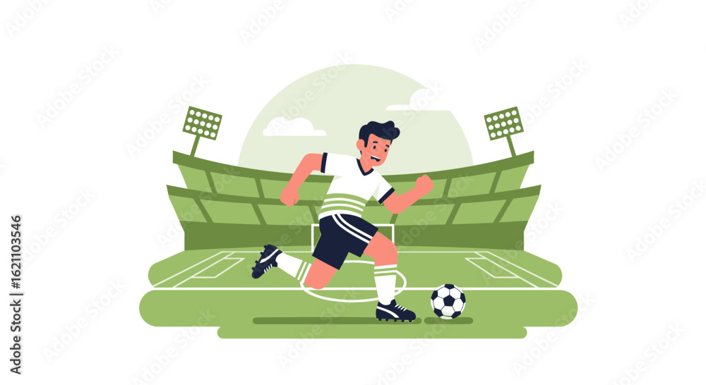 Fototapeta premium Illustration of a soccer player dribbling the ball on a soccer field with stadium backdrop
