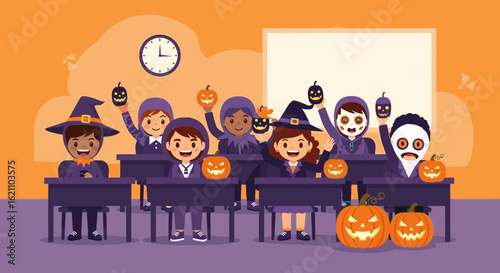 Halloween Class Fun: Cheerful Students Celebrating with Pumpkins and Costumes