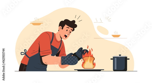Illustration of a stressed man holding burning toast in the kitchen vector art cartoon design showing humorous cooking disaster