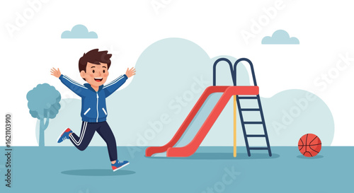 Happy Active Child Running Towards a Slide on the Playground Illustration