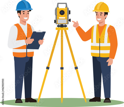 Construction workers using surveying equipment for land measurement and site planning in safety helmets and vests