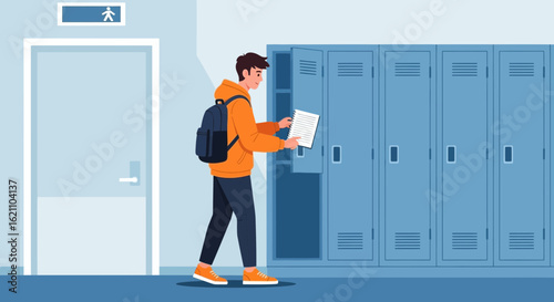 Illustration of a student using locker in school hallway preparing for class