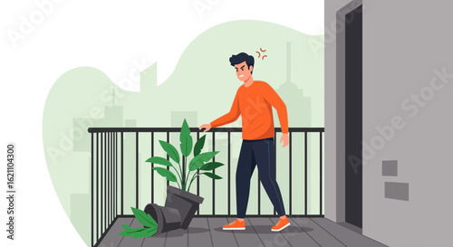 Frustrated man looking at a fallen plant pot on the balcony of his apartment is expressing his annoyance and dismay