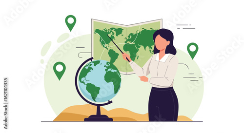 Illustration of a teacher explaining geography with map, globe, and marker icons displaying location, educational theme
