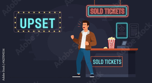 Frustrated Man Screaming Due To Sold Out Tickets At The Theater Showing Upset