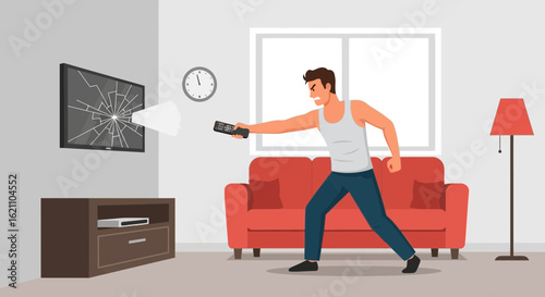 Frustrated man throws remote control at television in fit of anger at home