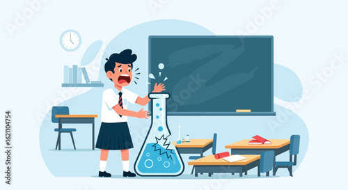 Illustration of a terrified student in a classroom after a science experiment