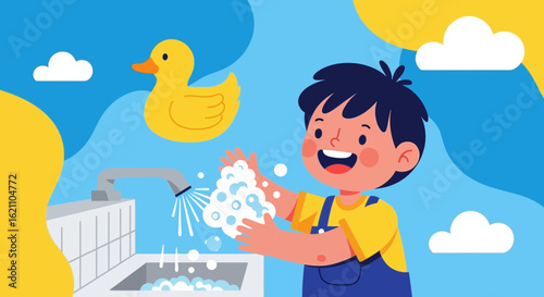 Happy Boy Washing Hands With Soap Next To Yellow Rubber Duck