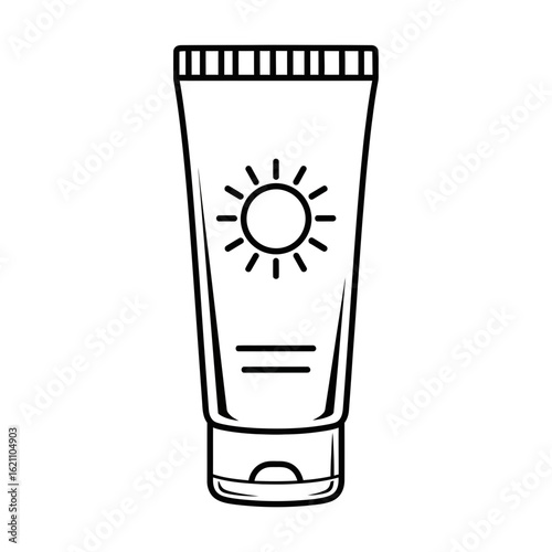 Line drawing of a sunscreen tube with a sun symbol, isolated on white background