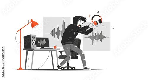 Frustrated music producer throwing headphones in a studio due to audio production problems or creative block showing the challenges in music creation