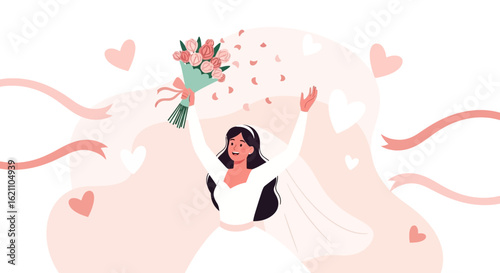 Happy bride throwing flower bouquet, joyful wedding celebration illustration