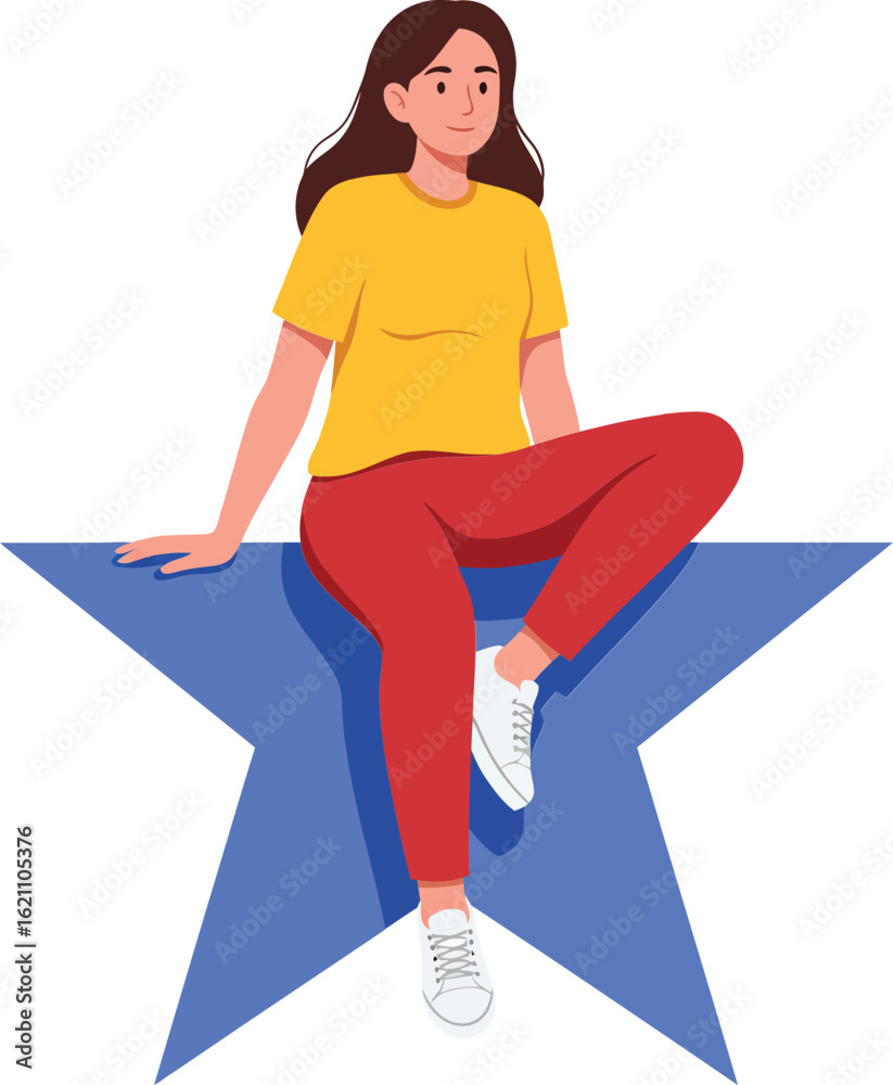 Fototapeta premium Woman sitting relaxed on blue star shape casual clothing modern vector design illustration
