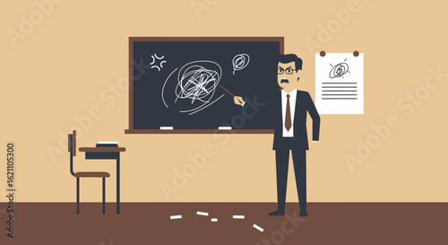 Frustrated Professor Explaining Disorganized Theory On Blackboard In The Classroom