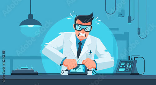 Frustrated scientist smashing a device in a lab, showcasing technological challenges and laboratory accidents