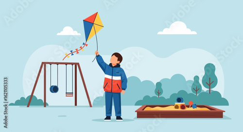 Happy child playing with a colorful kite in the park on a sunny day illustration