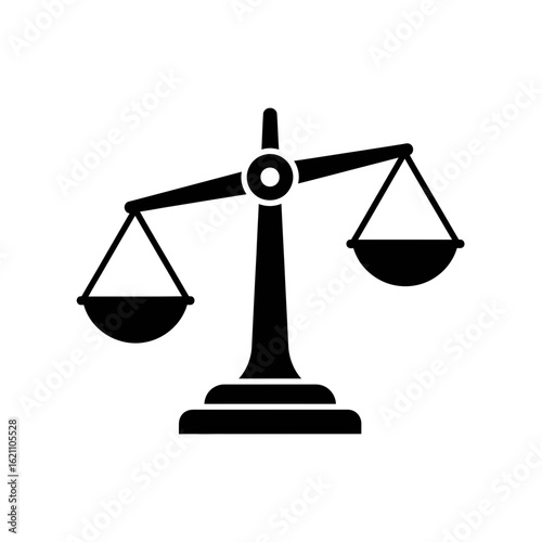 Black silhouette of a balance scale, symbolizing justice, law, and fairness, isolated on white background