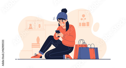 Frustrated Woman After Online Shopping While Sitting With Shopping Bags