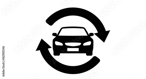 Car with circular arrows indicating rotation or movement, representing automotive transport, isolated on white background