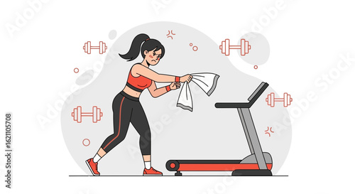 Frustrated woman wiping sweat after intense workout session with treadmill and weights