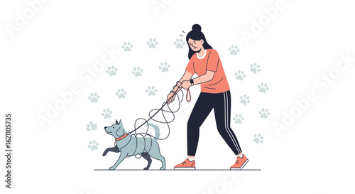 Frustrated woman tangled in dog leash walking stubborn pet on a white background