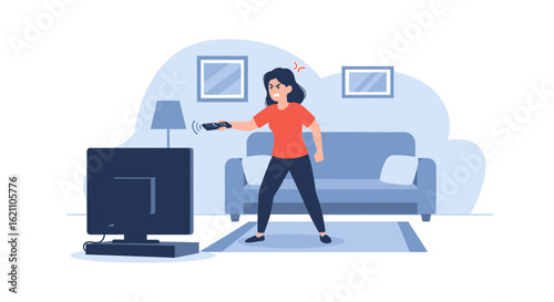 Frustrated Woman With Remote Control Facing Malfunctioning Television Set