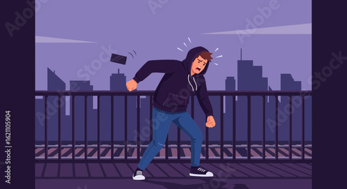 Frustrated Young Man Throws Phone Off Balcony In An Annoyed Expression