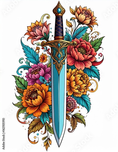 Intricate Turquoise Sword Surrounded by Colorful Floral Design on White Background