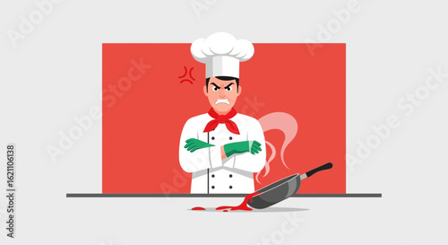 Furious Chef Disaster Culinary Cartoon Kitchen Malfunction Food Fail Concept