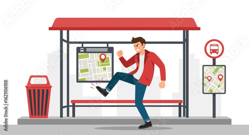 Furious man kicking a bus stop bench, vandalizing public property, depicting frustration and aggression with public transport infrastructure