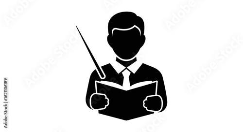 Silhouette of a teacher holding a pointer and a book, isolated on white background